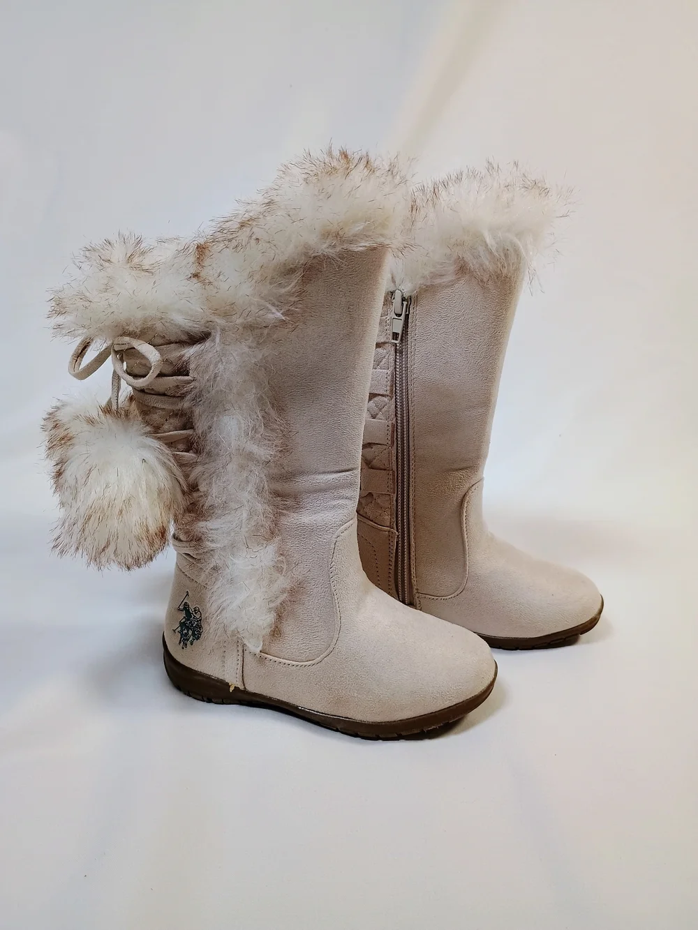 U.S. Polo Assn. Girls Boots Faux Fur Trim/Lined Side Zip Beige 7 NWT